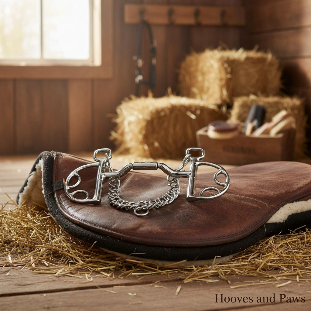 Myler Kimberwick MB 36 horse bit, stainless steel with a ported barrel mouthpiece, resting on a brown leather saddle pad in a rustic barn setting with straw.
