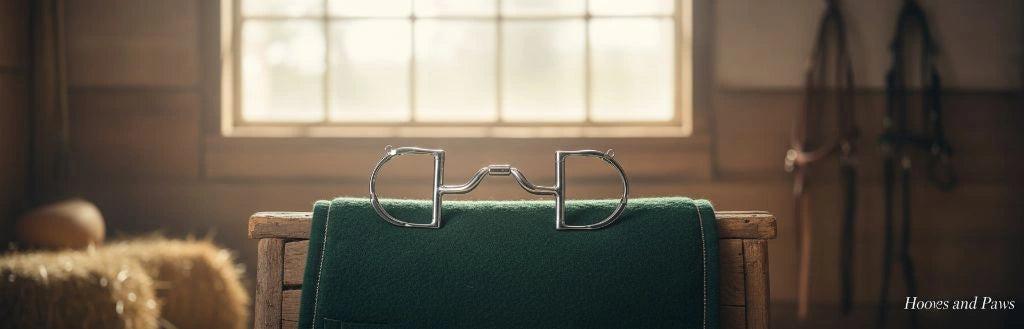 Myler 5 1/2" 33 English Dee with Hooks horse bit on a green saddle pad in a sunlit barn.