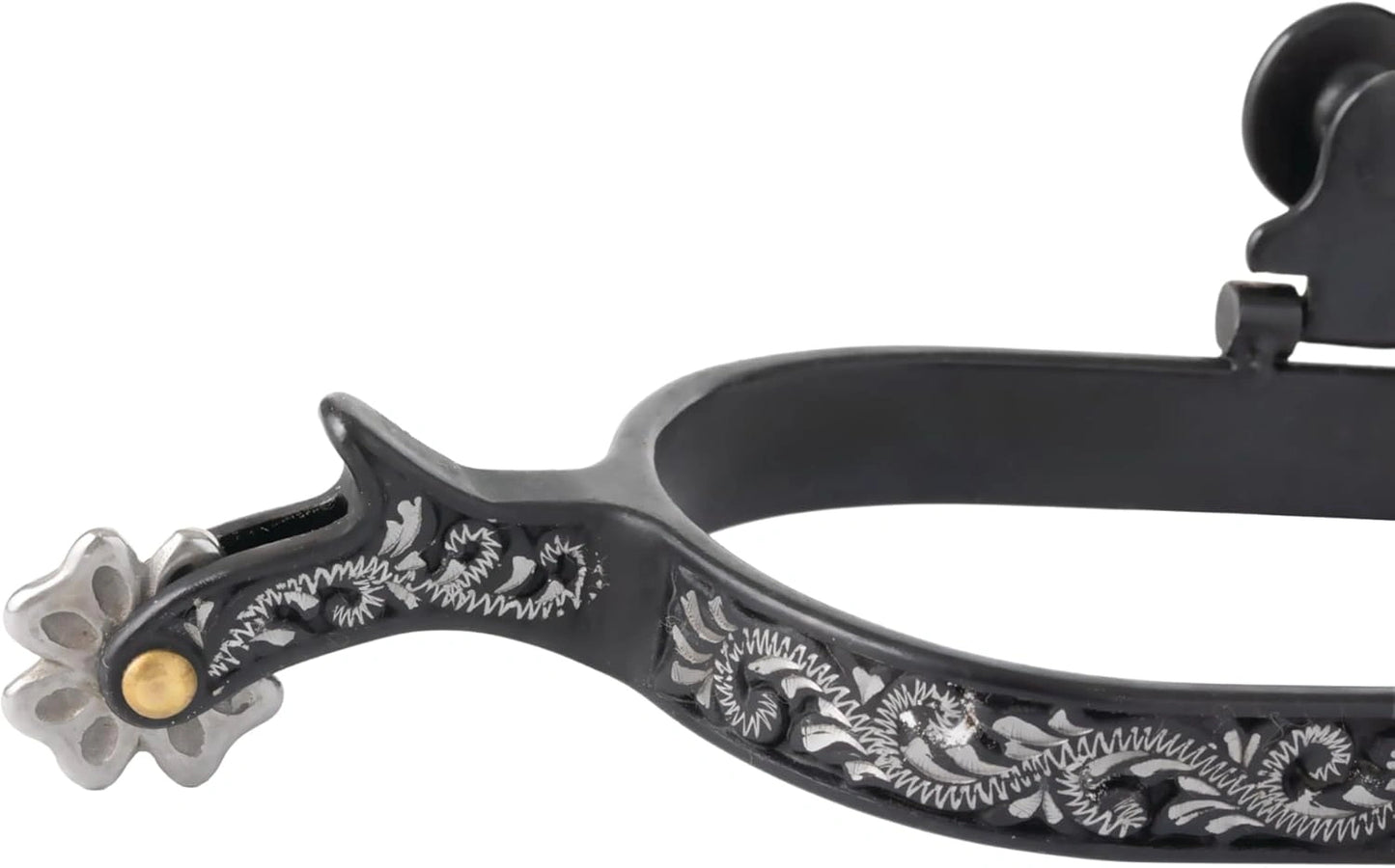 Weaver Leather Ladies' Engraved Black Steel Spurs - 1-3/4" Shank, 5/8" Band, Cloverleaf Rowel