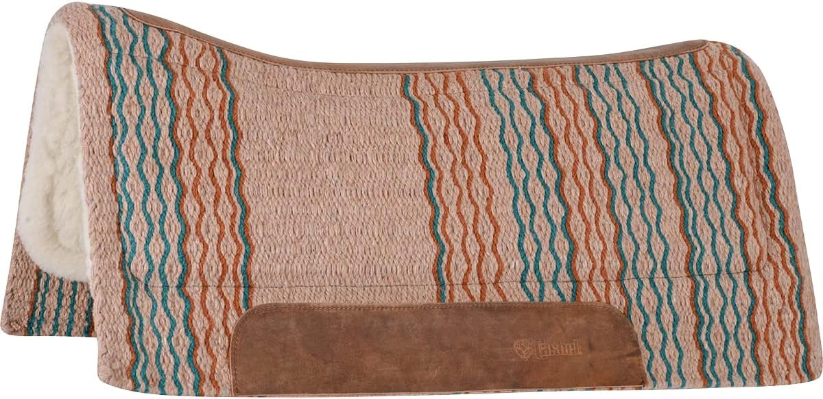 Saddle pad with wavy pattern and brown leather flap on a white background