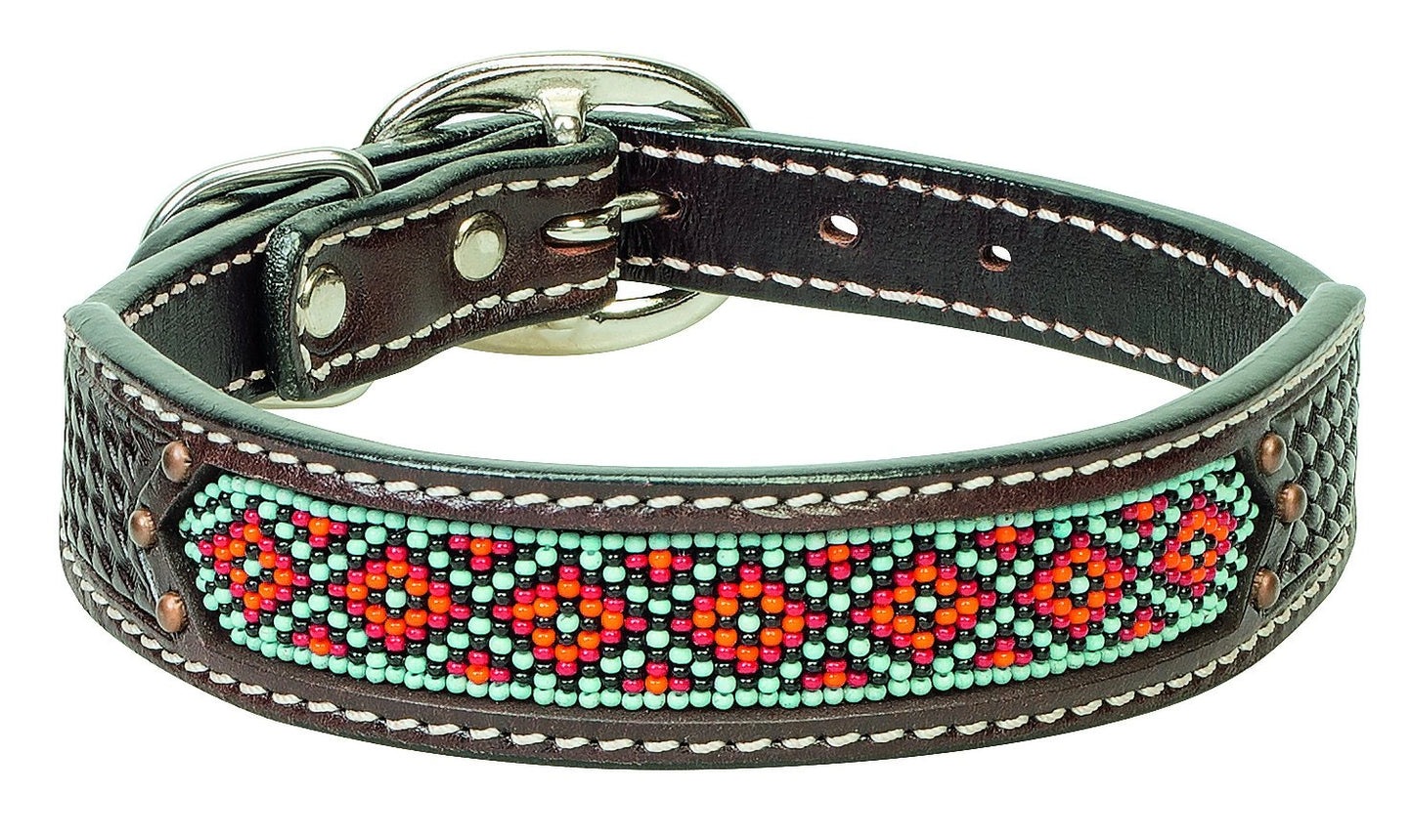Weaver Leather Beaded Aztec Leather Dog Collar with Basketweave Tooling and Antique Copper Spots - 3/4" x 13"