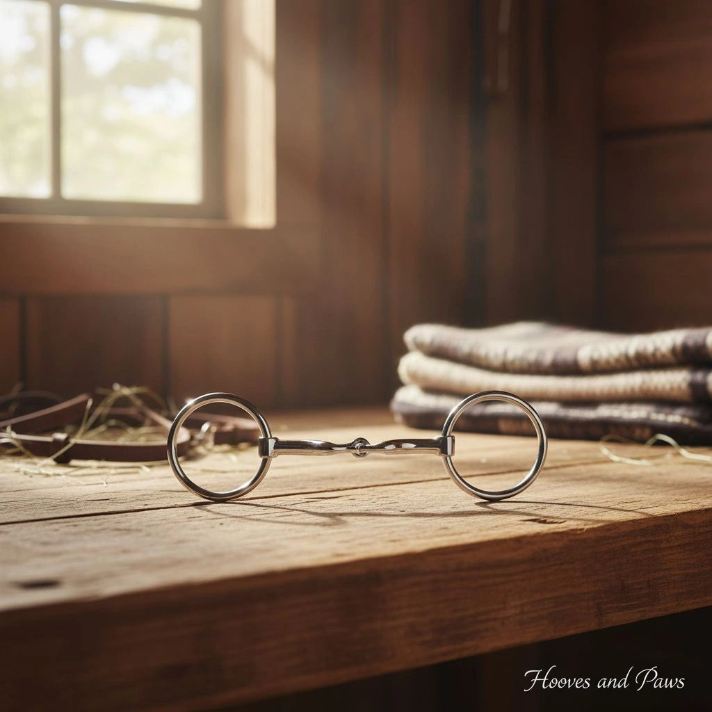 Myler MB36 Loose Ring Snaffle horse bit with forward tilt port, polished silver metal, resting on a rustic wooden stable table with hay and folded blankets in warm sunlight.