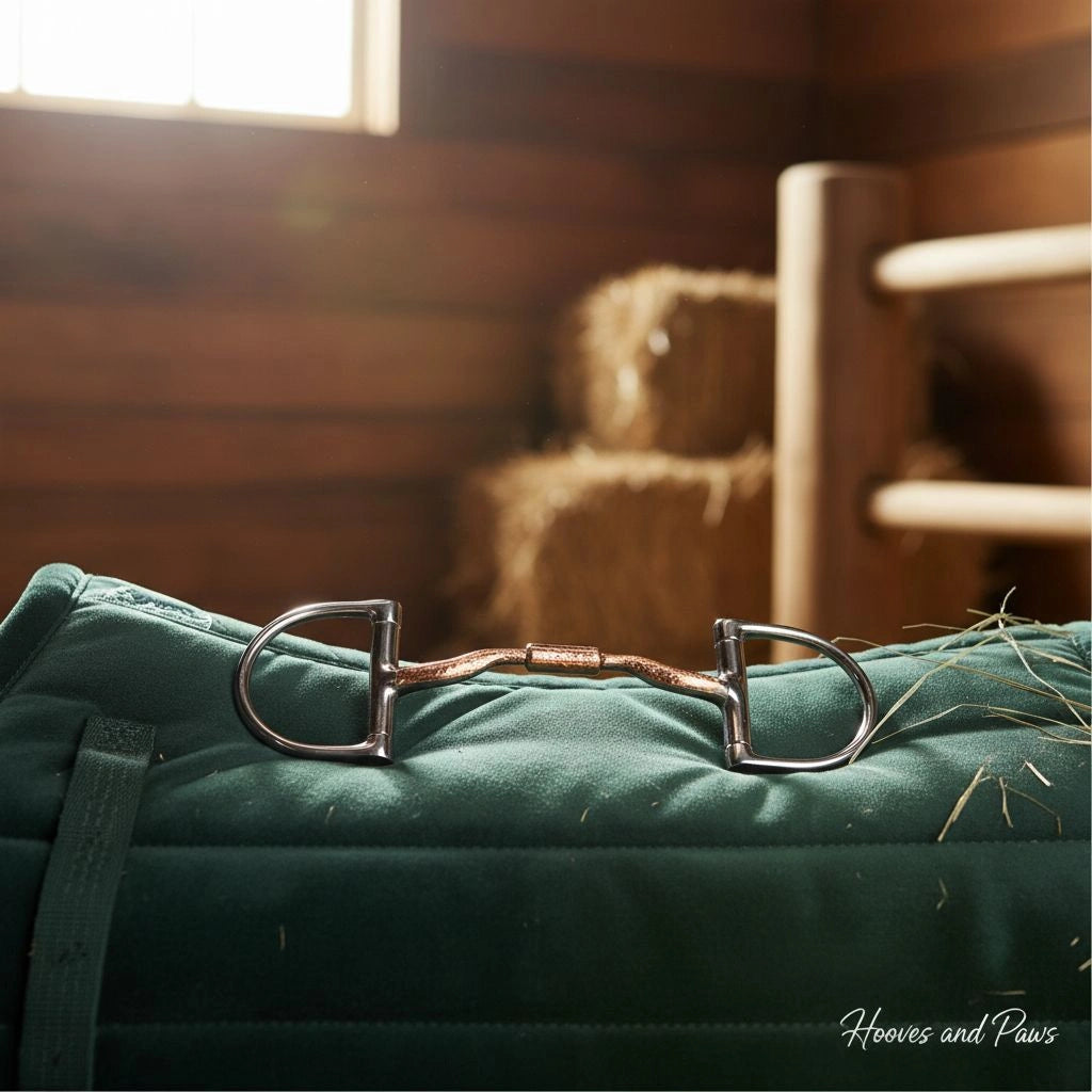 Equestrian Myler English Dee Snaffle Bit with copper inlay resting on a green saddle pad in a barn.