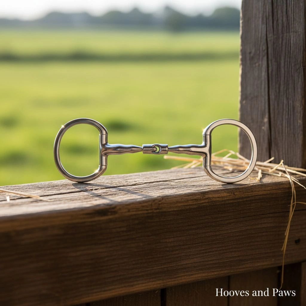 Myler Eggbutt Snaffle bit for dressage and eventing on a rustic wooden railing with green field background.