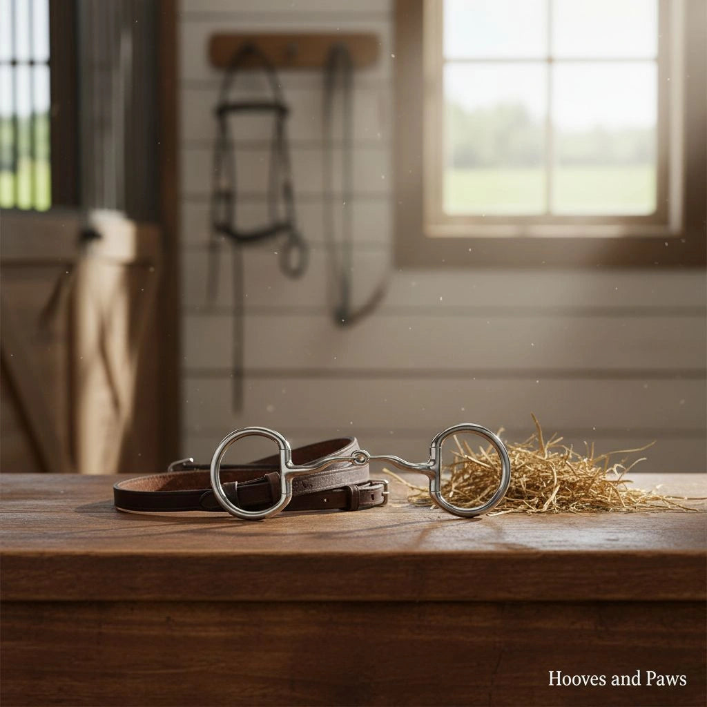 Myler MB 04 Eggbutt Snaffle horse bit, stainless steel, comfort-designed and dressage legal, on a wooden table with brown leather straps and hay in a sunlit stable.
