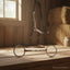 Myler MB 02 Comfort Snaffle 5 1/4" horse bit, crafted from stainless steel with a copper inlay wide barrel mouthpiece, displayed on a wooden table in a sunlit barn setting with hay and a leather bridle in the background.