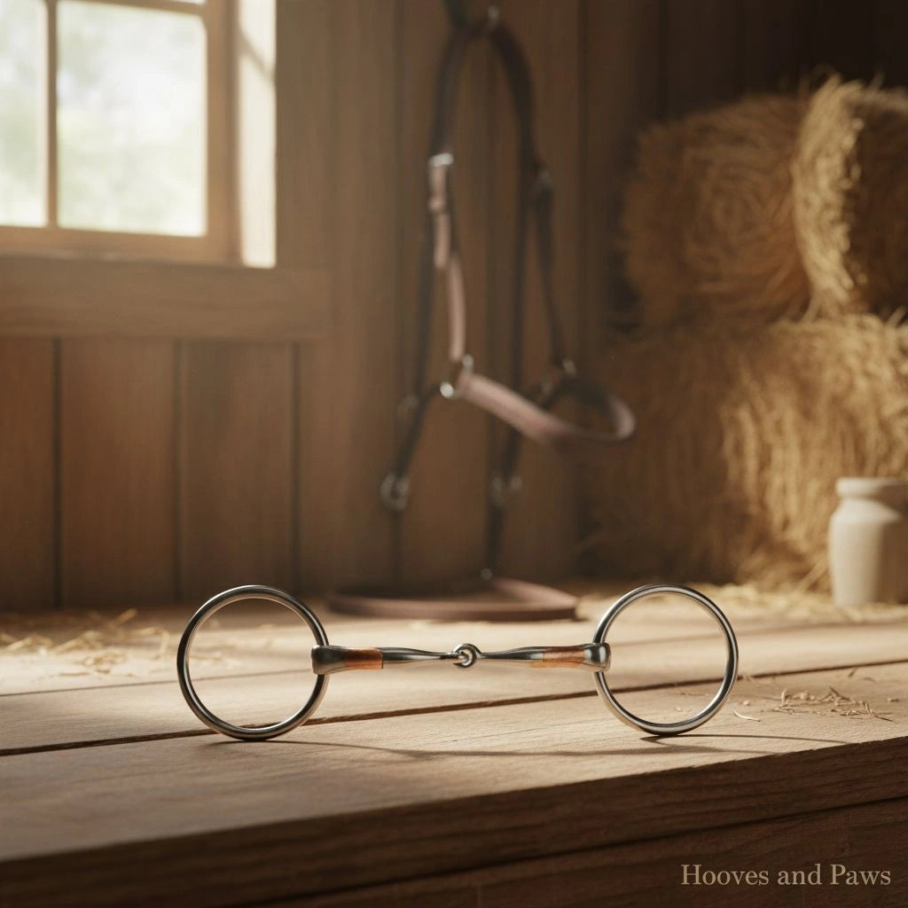 Myler MB 02 Comfort Snaffle 5 1/4" horse bit, crafted from stainless steel with a copper inlay wide barrel mouthpiece, displayed on a wooden table in a sunlit barn setting with hay and a leather bridle in the background.