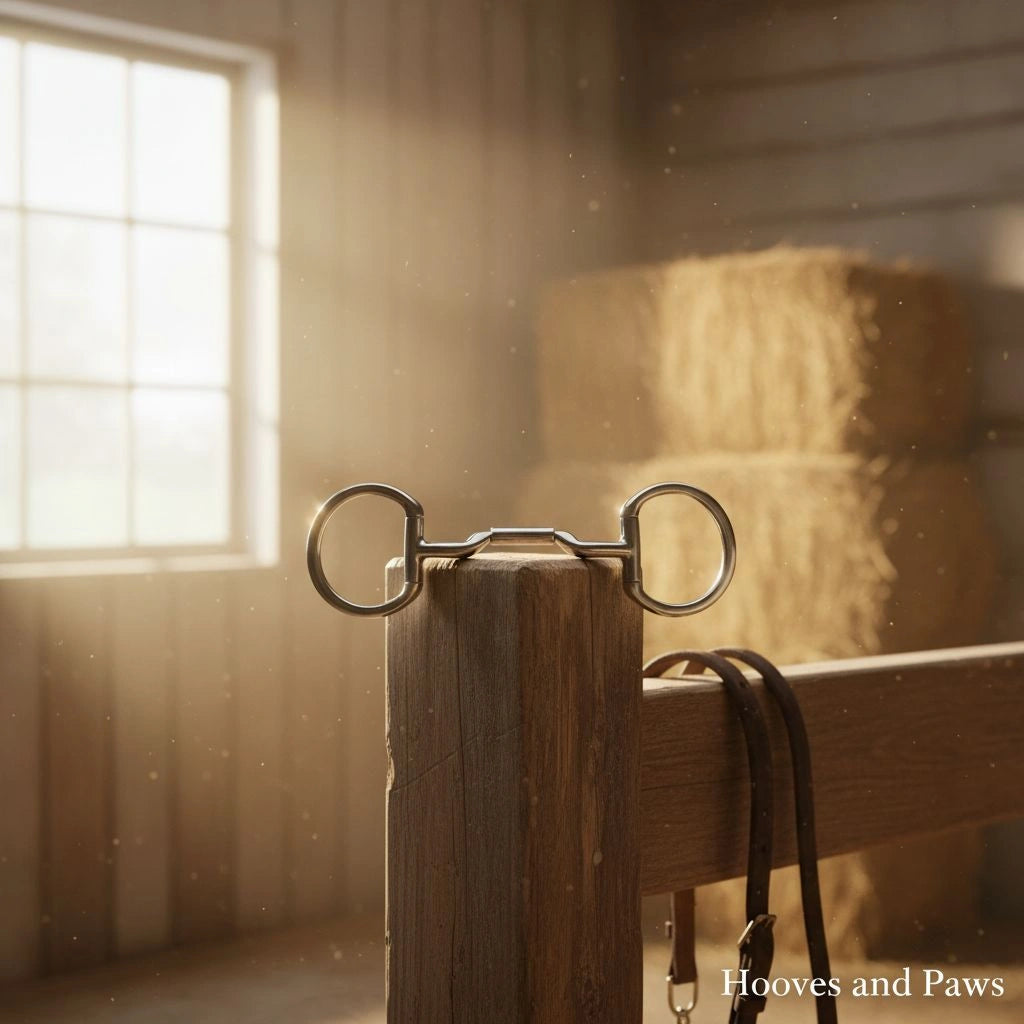 Stainless steel Myler Eggbutt Snaffle Bit (6 inch mouth, dressage legal horse bit) rests on a rustic wooden fence post in a sunlit stable, with hay bales, a window, and dust particles in the background.