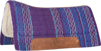 Purple and blue striped saddle pad with brown leather patch on a white background