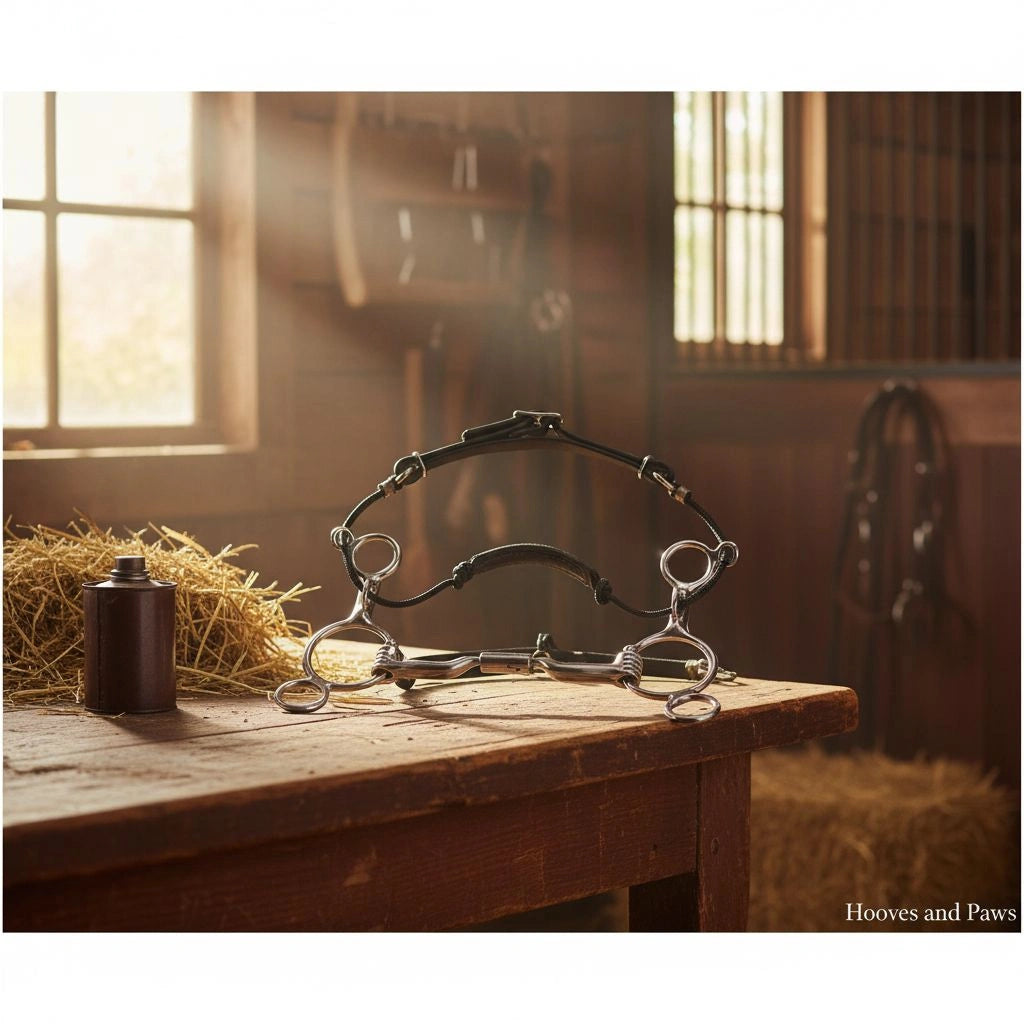 Myler Combination Bit with Sweet Iron Comfort Snaffle and Copper Inlay, resting on a rustic wooden table in a sunlit barn.