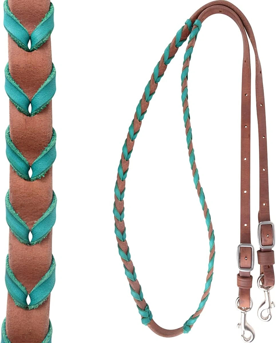 Martin Saddlery 5/8" Horse Harness Leather Barrel Reins with Turquoise Latigo Lacing - 5/8" Width