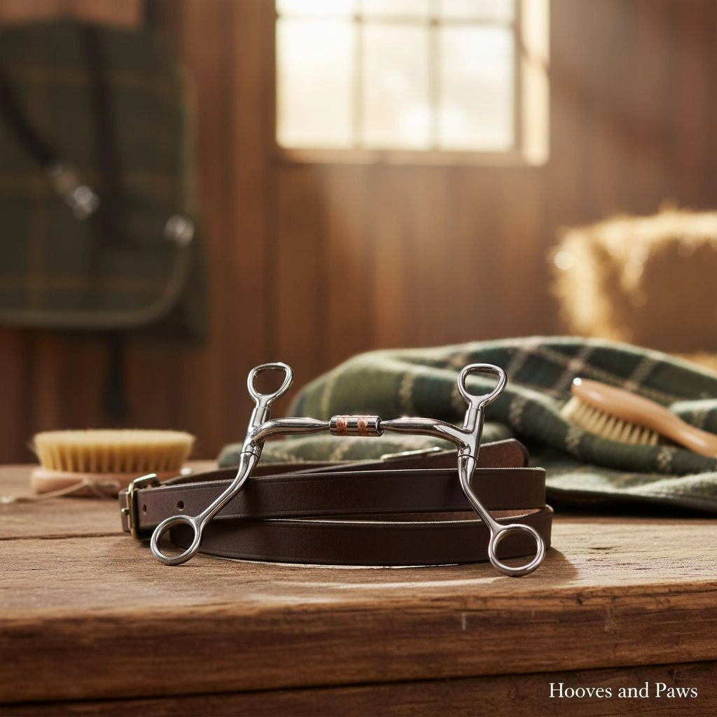 Myler MB 02 Snaffle Bit with sweet iron and copper inlay, displayed on a rustic wooden table with leather tack, a green plaid blanket, and grooming brushes in a sunlit barn.