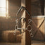 Myler MB 32-3 Combination Bit with sweet iron, triple barrel, and 6-inch shanks, hanging on a wooden post in a sunlit barn.