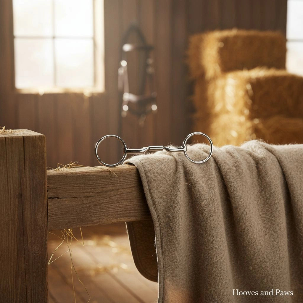 Myler MB 04 loose ring snaffle bit rests on a soft beige blanket draped over a rustic wooden fence post in a barn with hay bales and a sunlit window, ideal for comfort and dressage.