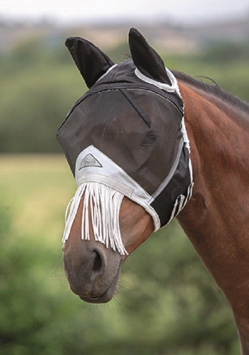 Shires Fine Mesh Horse Equine Fly Mask With Ears And Nose Fringe 60% UV Protection - Hooves and Paws