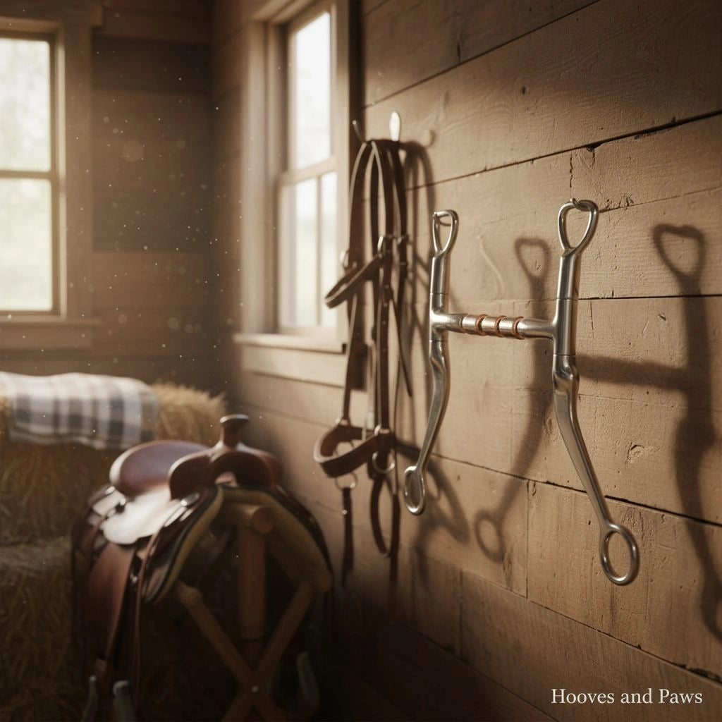 Myler MB 32-3 Sweet Iron Mullen Barrel Bit (5 inch mouth, Level 2) on a rustic wooden barn wall. A leather bridle and western saddle are visible in the background.