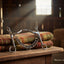 Myler 5 1/2 inch Weymouth Low Port Barrel Bit 43LP (89-47437) with chain, resting on folded plaid blankets on a rustic wooden table in a sunlit barn.