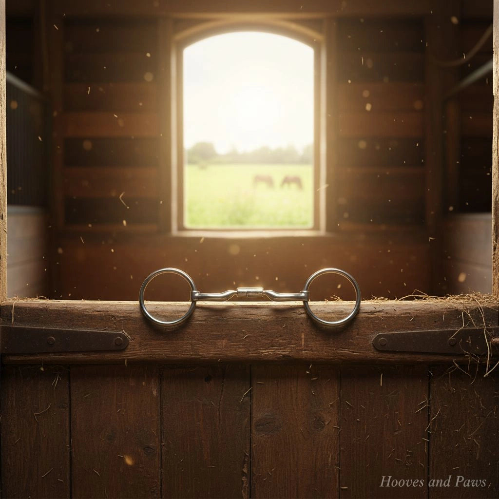 Myler MB 04 Loose Ring Snaffle Bit on a rustic wooden stable door, with a sunny stable interior and distant horses in a green pasture visible through a window, highlighting comfort and riding performance.