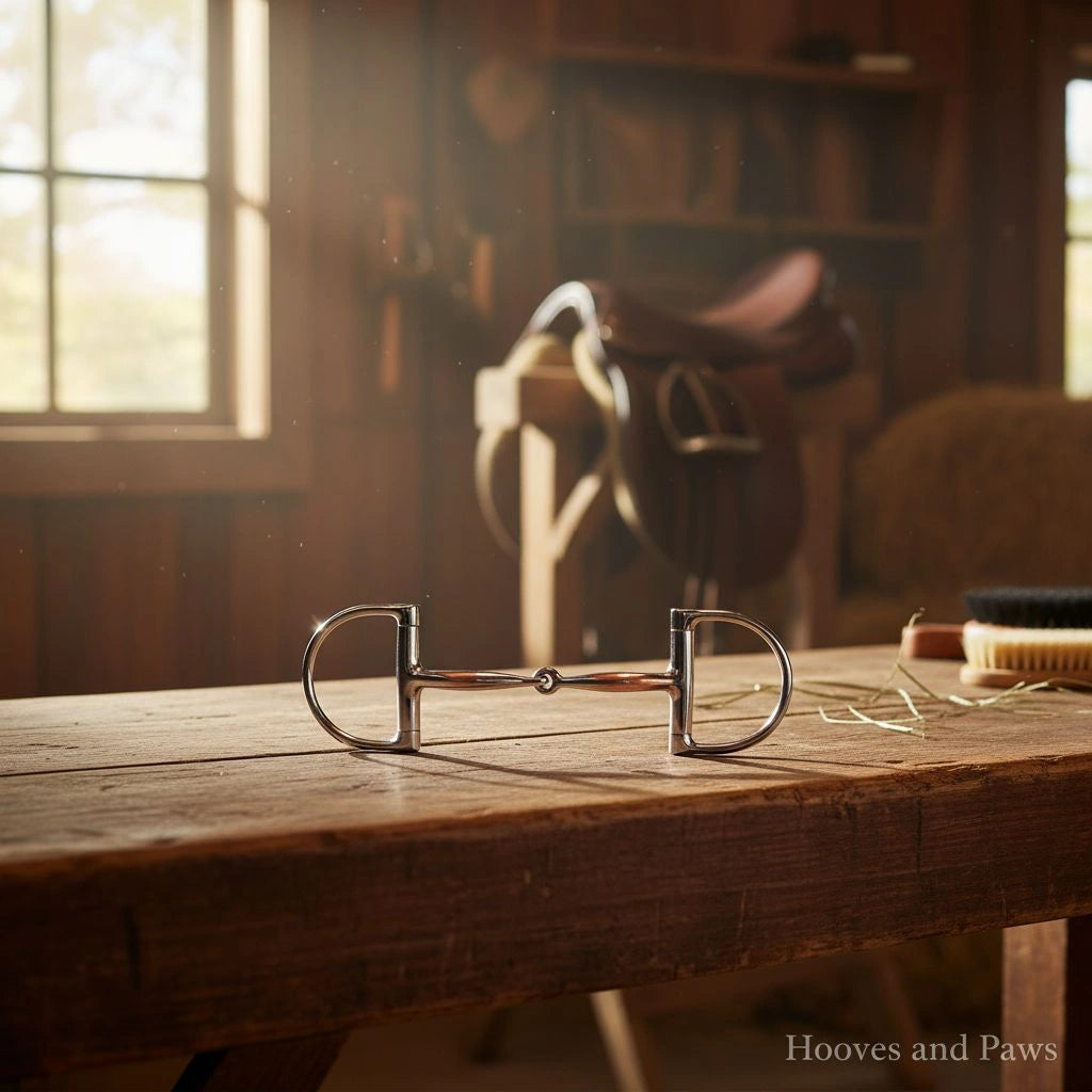 Myler MB 09 Dee Snaffle Bit, stainless steel with copper inlay, on a rustic wooden table in a sunlit equestrian stable.
