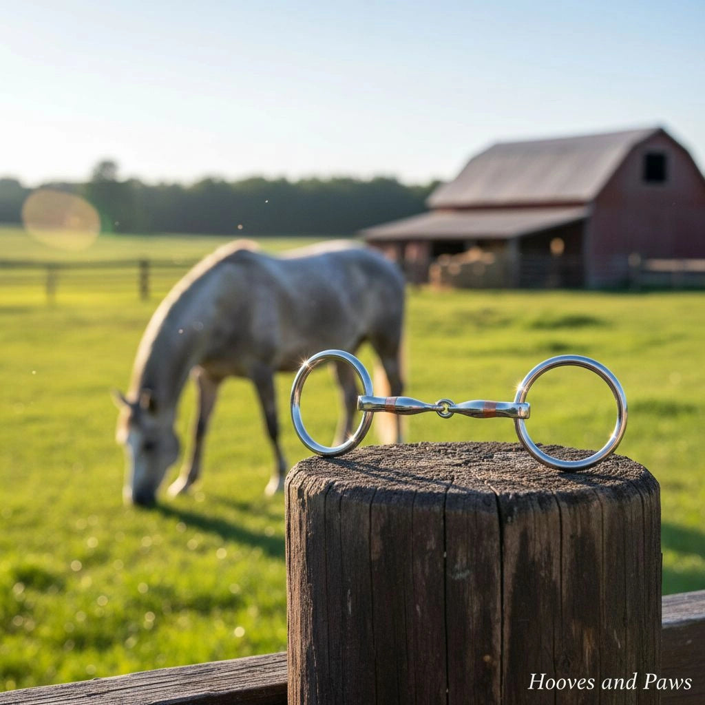 Myler MB 10 French Link Snaffle horse bit, stainless steel with copper inlay, resting on a wooden post in a pasture with a grazing horse and red barn in the background.