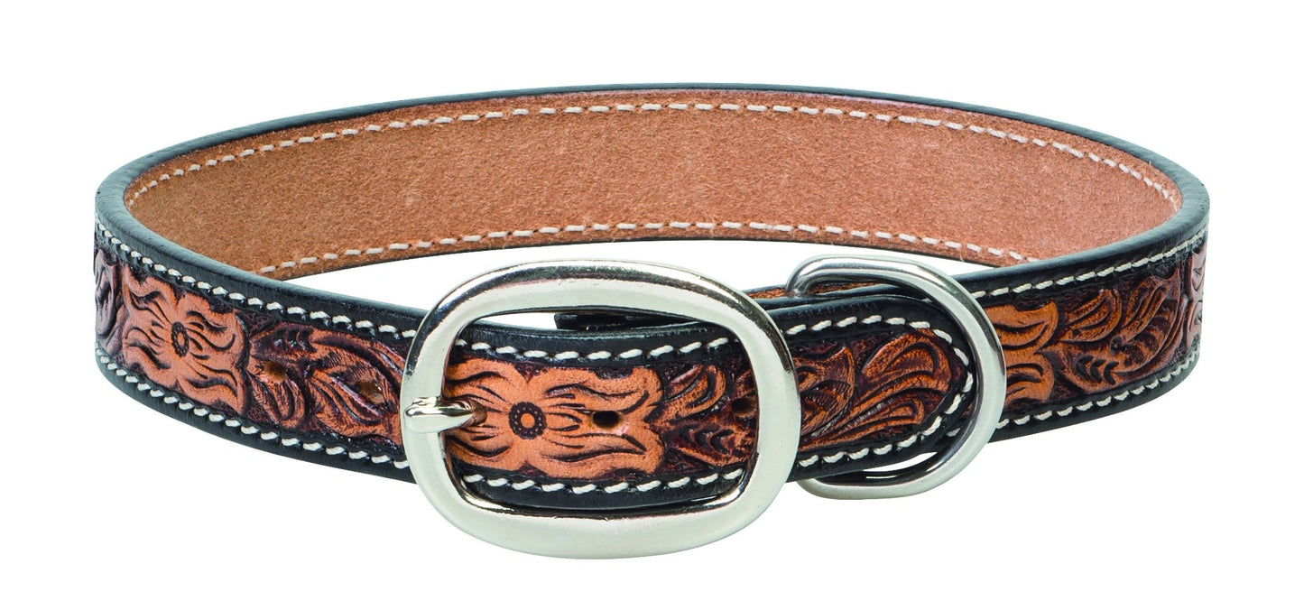 Weaver Leather Floral Tooled Dog Collar - Premium Light Oiled Antiqued Leather with Stainless Steel Hardware