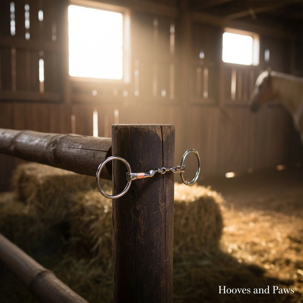 Myler MB 04 Loose Ring Snaffle Bit with copper inlay mouthpiece, hanging on a rustic wooden post inside a sunlit barn with hay bales and a blurred horse in the background.