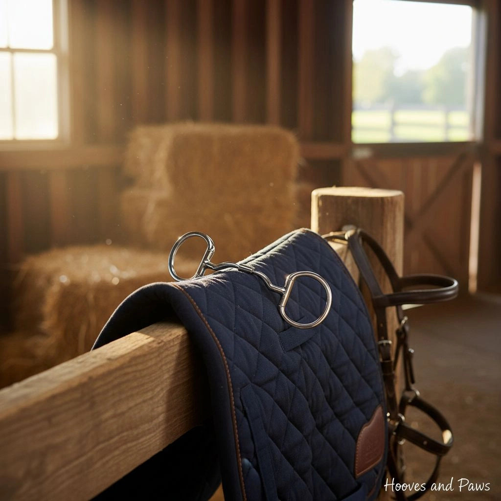 Myler 33WL Eggbutt Snaffle bit on a navy quilted dressage saddle pad and dark leather bridle, in a sunlit rustic barn with hay bales.