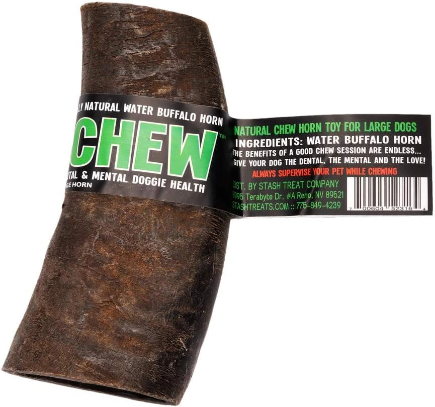 Dog chew toy made from water buffalo horn with 'Chew' branding on a white background