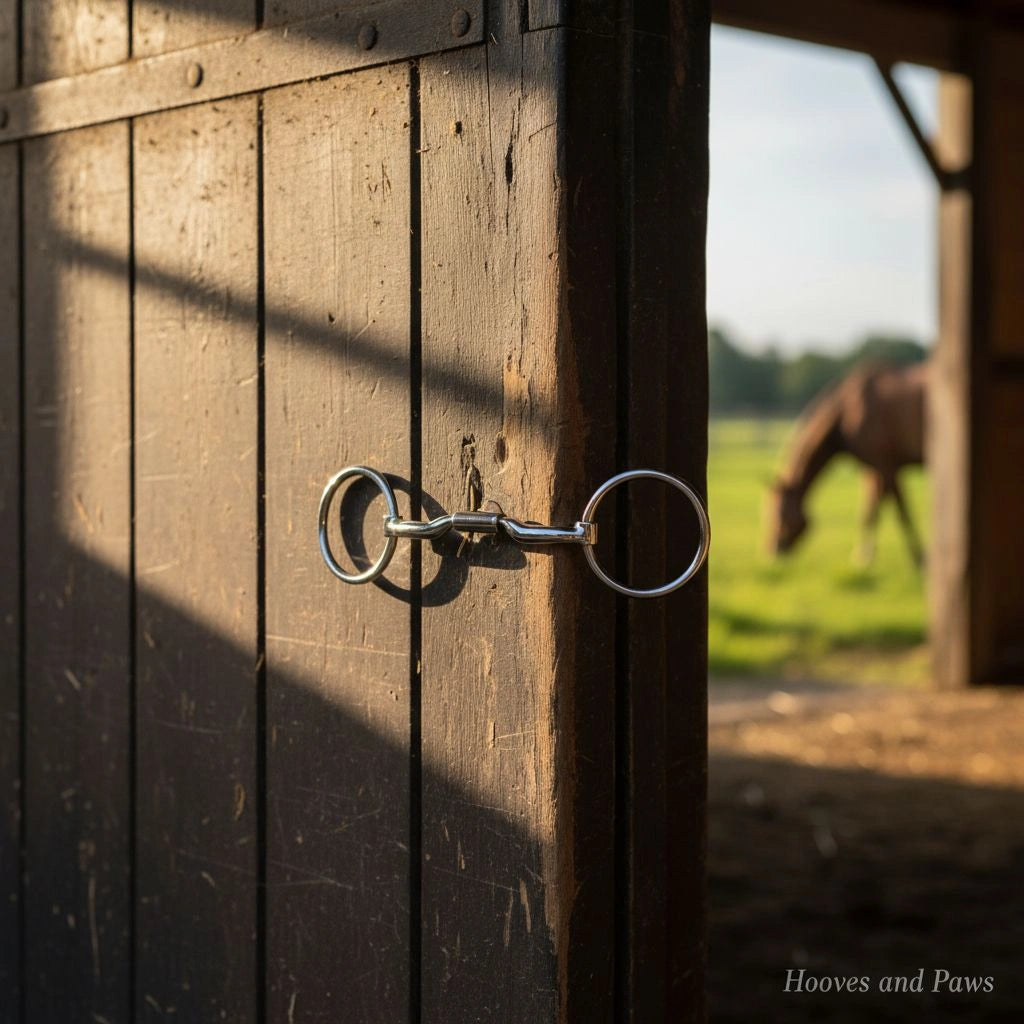 A shiny Myler MB 04 Loose Ring Snaffle Bit hangs on a dark wooden barn door, highlighted by sunlight. A blurred brown horse grazes in a green field in the background, suggesting a comfortable equestrian setting. This bit is legal for dressage.