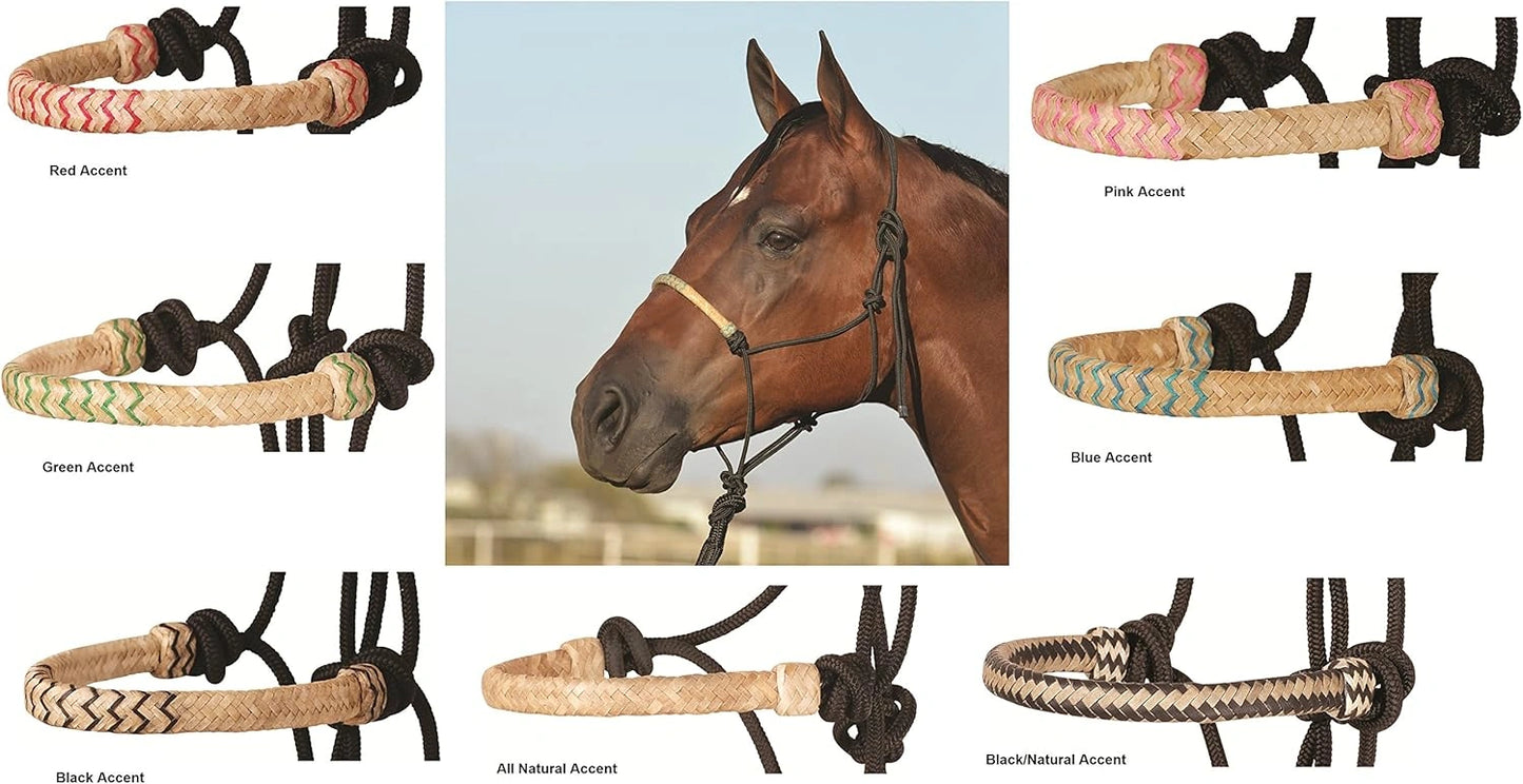 Horse bridle with various color accents displayed on a white background