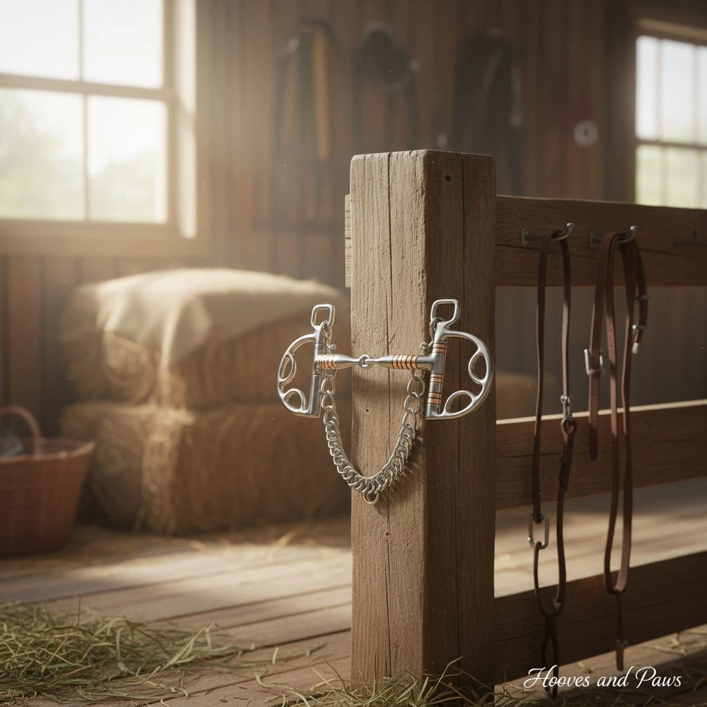 A Myler Kimberwick snaffle bit, featuring stainless steel and copper inlay, hangs on a sturdy wooden post in a sunlit rustic barn with hay bales and leather tack in the background.