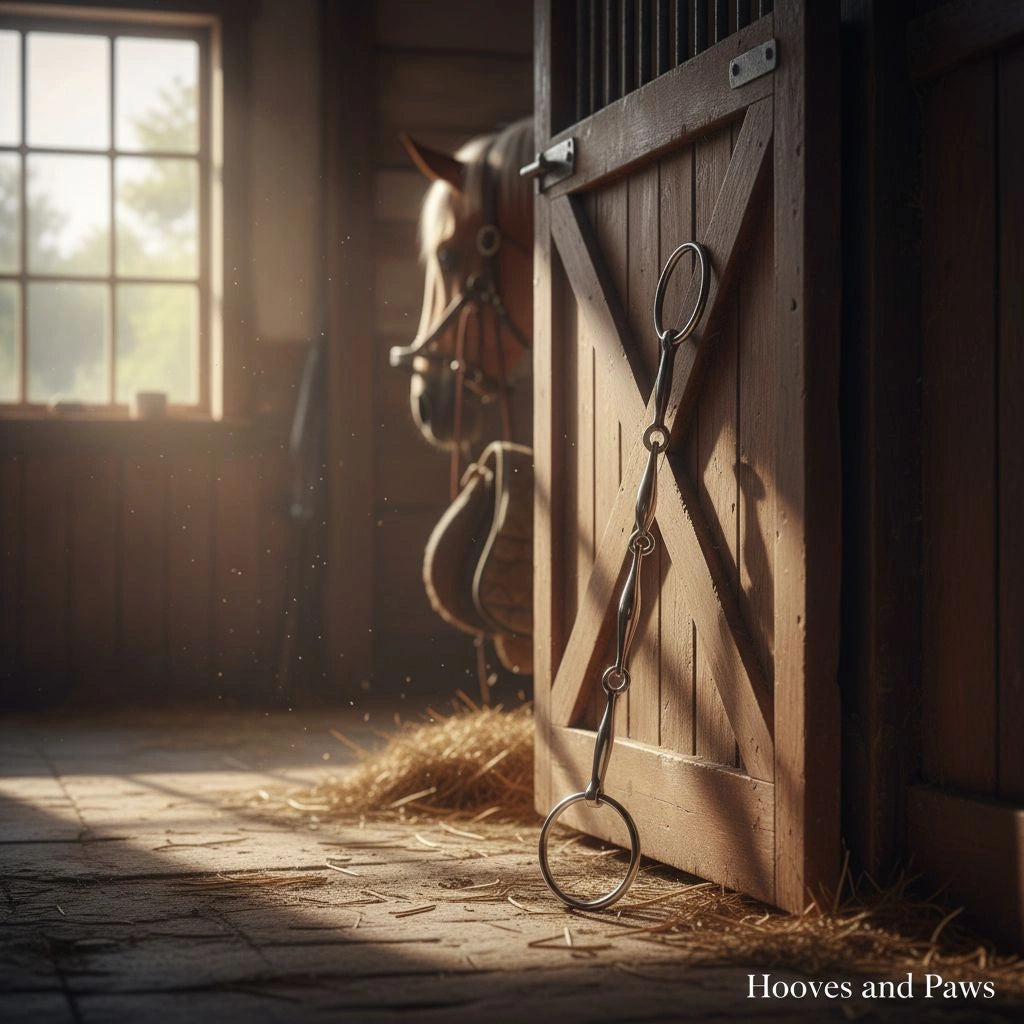 A Myler MB 09 Sweet Iron Snaffle Bit (5 inch, dressage legal) hangs on a rustic wooden stable door, with a horse and hay visible in the sunlit background.