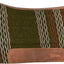 Green and brown patterned saddle pad with leather trim on a white background