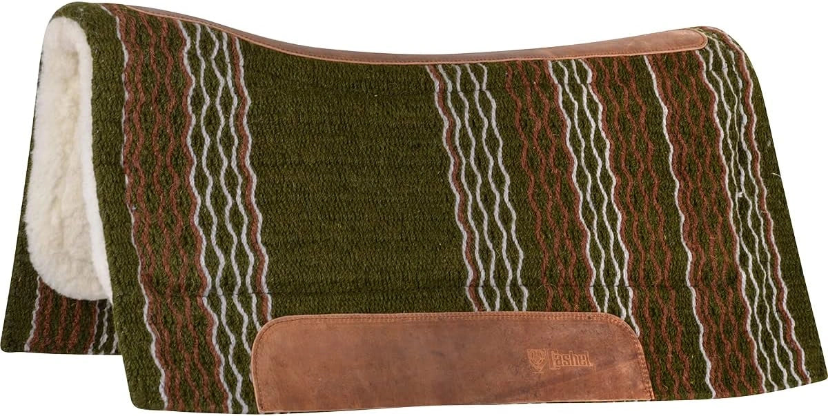 Green and brown patterned saddle pad with leather trim on a white background