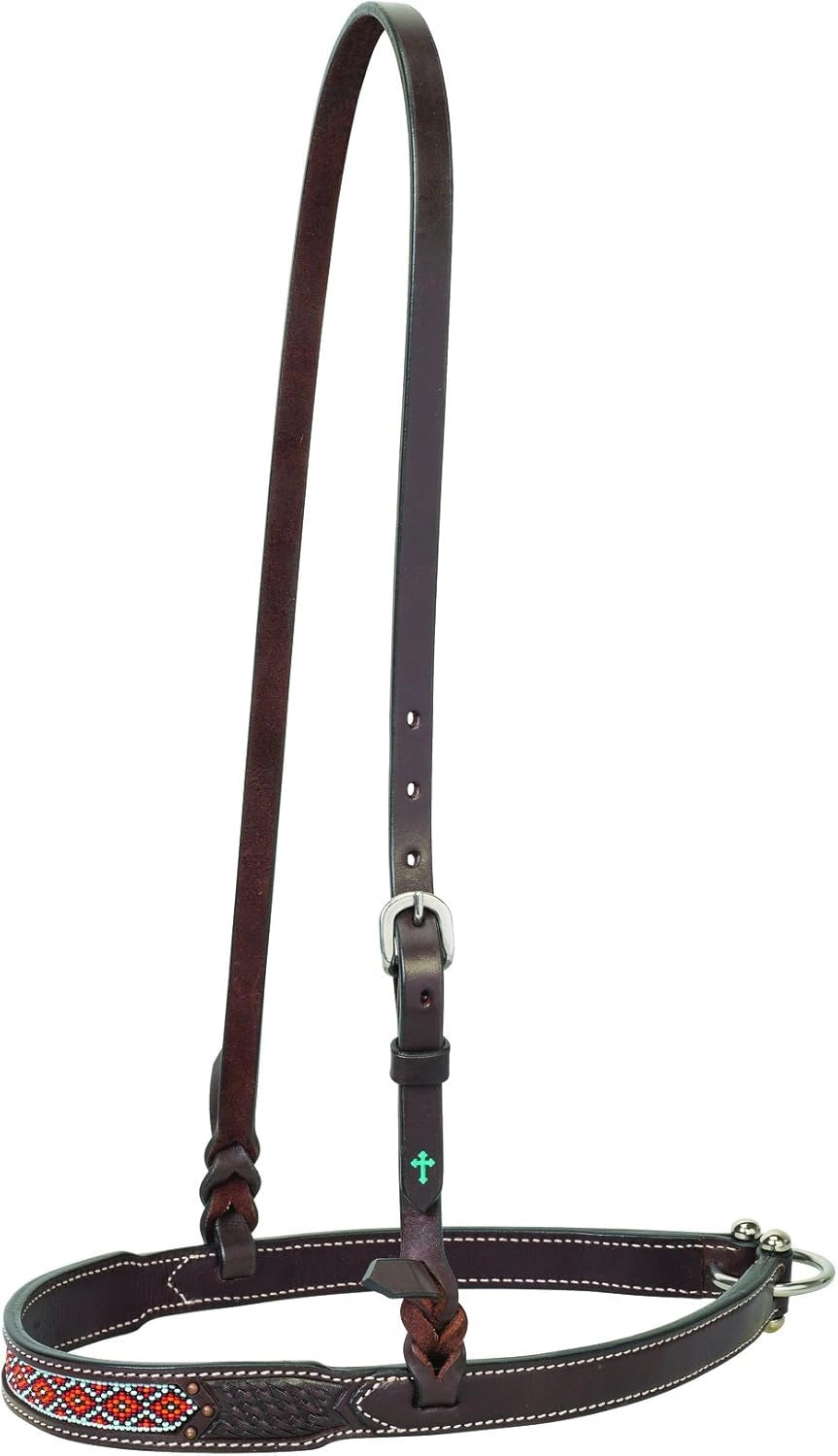 Weaver Leather Beaded Basketweave Noseband - Aztec Design & Antique Copper Accents - 1" Width - Dark Oiled Leather