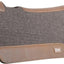 Gray and brown saddle pad with leather trim on a white background