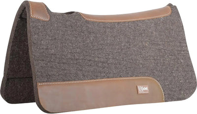 Gray and brown saddle pad with leather trim on a white background