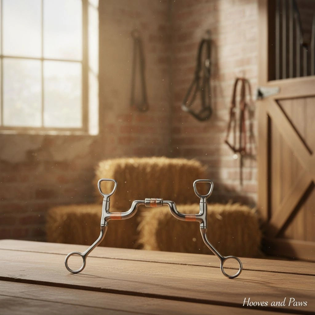 Myler HBT Snaffle Bit, sweet iron with copper inlay and wide port mouthpiece, displayed on a wooden table in a sunlit stable.