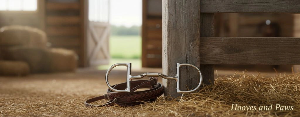 Myler Stainless Steel English Dee Bit MB 36 and braided leather reins on a hay-covered barn floor.