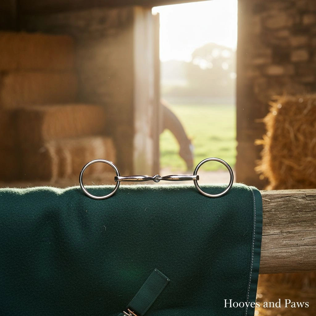 Stainless steel Myler MB 09 Loose Ring Snaffle Bit with copper inlay, resting on a green horse blanket in a sunlit barn with a grazing horse in the background.