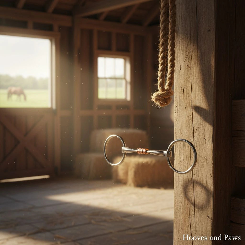 Myler MB 02 loose ring snaffle horse bit with copper inlay, hanging in a rustic, sunlit barn. A horse grazes in a green field outside. This bit is designed for comfort and dressage.