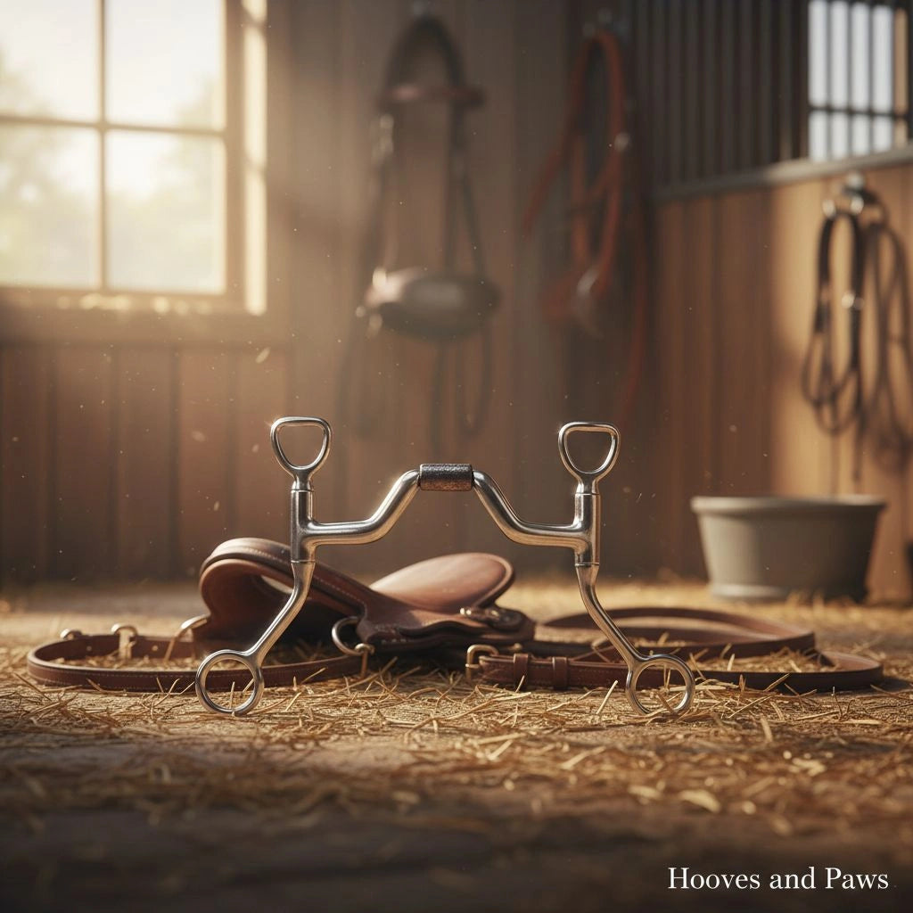 Myler MB 33 Sweet Iron Ported Barrel Snaffle horse bit on hay in a sunlit barn with leather tack.
