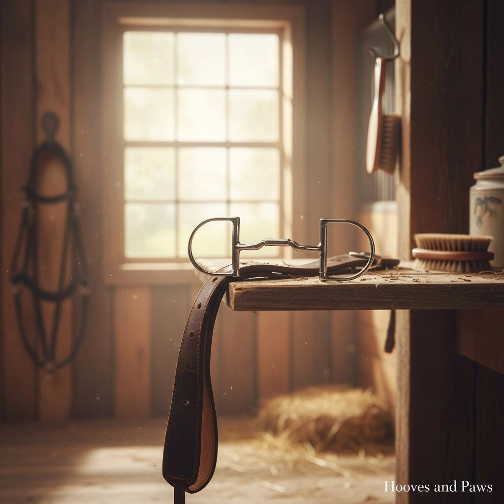 Myler MB 06 Snaffle Bit, medium dee, mullen barrel, dressage legal, on a rustic wooden shelf in a sunlit barn, with a leather bridle strap, brushes, and halter in the background.