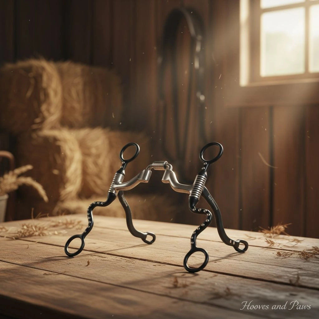 Myler Black Steel Seven Shank horse bit with Correctional Ported Barrel MB 41PB #89-13425 standing on a rustic wooden table in a sunlit barn with hay bales.