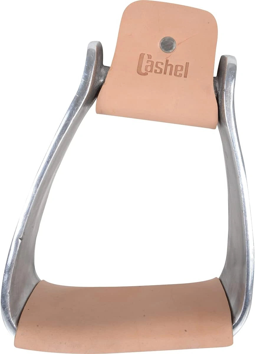 Metal stirrup with leather padding on a white background, featuring the Cashel brand.