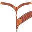 Brown leather bridle with intricate patterns on a white background