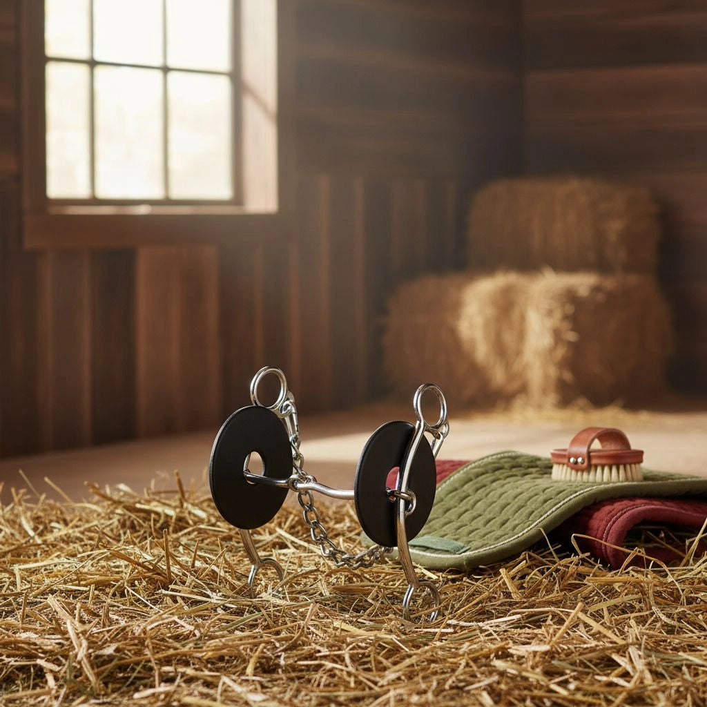 Professional's Choice Brittany Pozzi Snaffle Med Lifter horse bit, silver with black discs, resting on hay with a green saddle pad and brush in a barn.