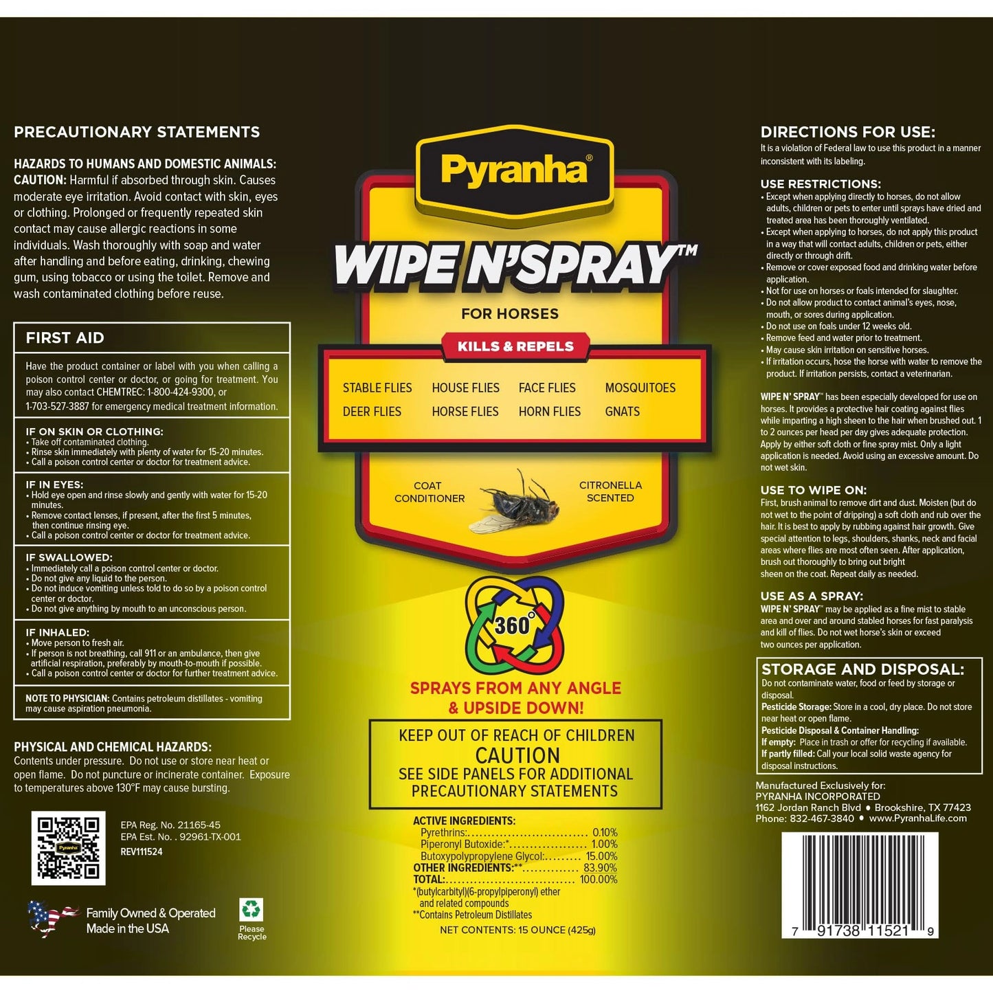 Pyranha Wipe N' Spray – Oil-Based Sweat-Resistant Fly Control