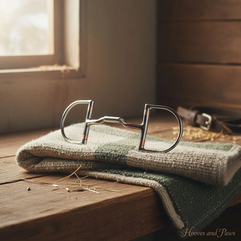 Myler Pony Dee Snaffle Bit made of stainless steel with copper accents, resting on a green and tan striped blanket in a rustic equestrian setting.