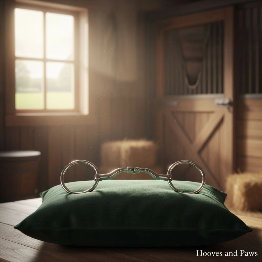 Myler MB 33 Loose Ring Snaffle horse bit, dressage legal with superior tongue relief, resting on a green velvet pillow in a sunlit barn.